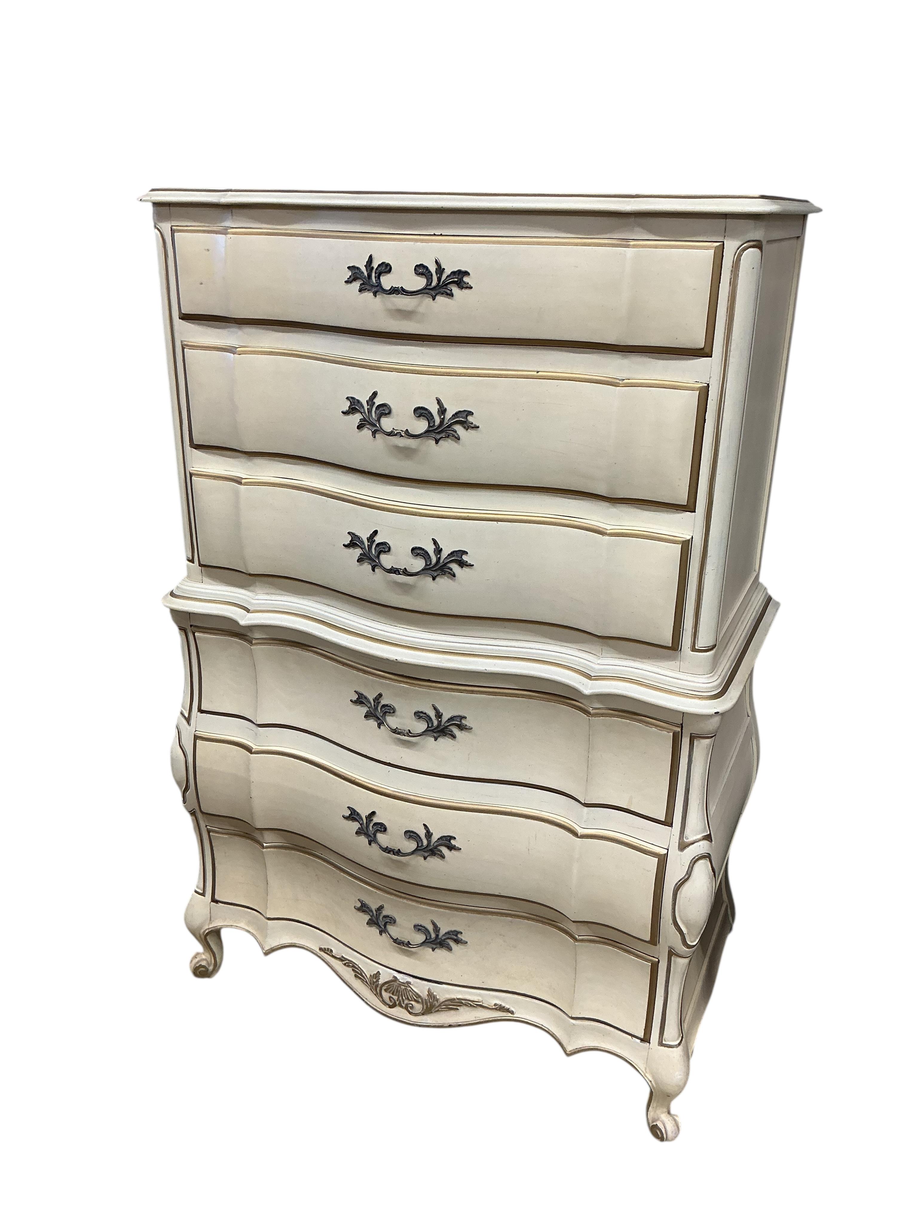 An American cream and gilt painted tallboy, width 100cm, depth 50cm, height 150cm